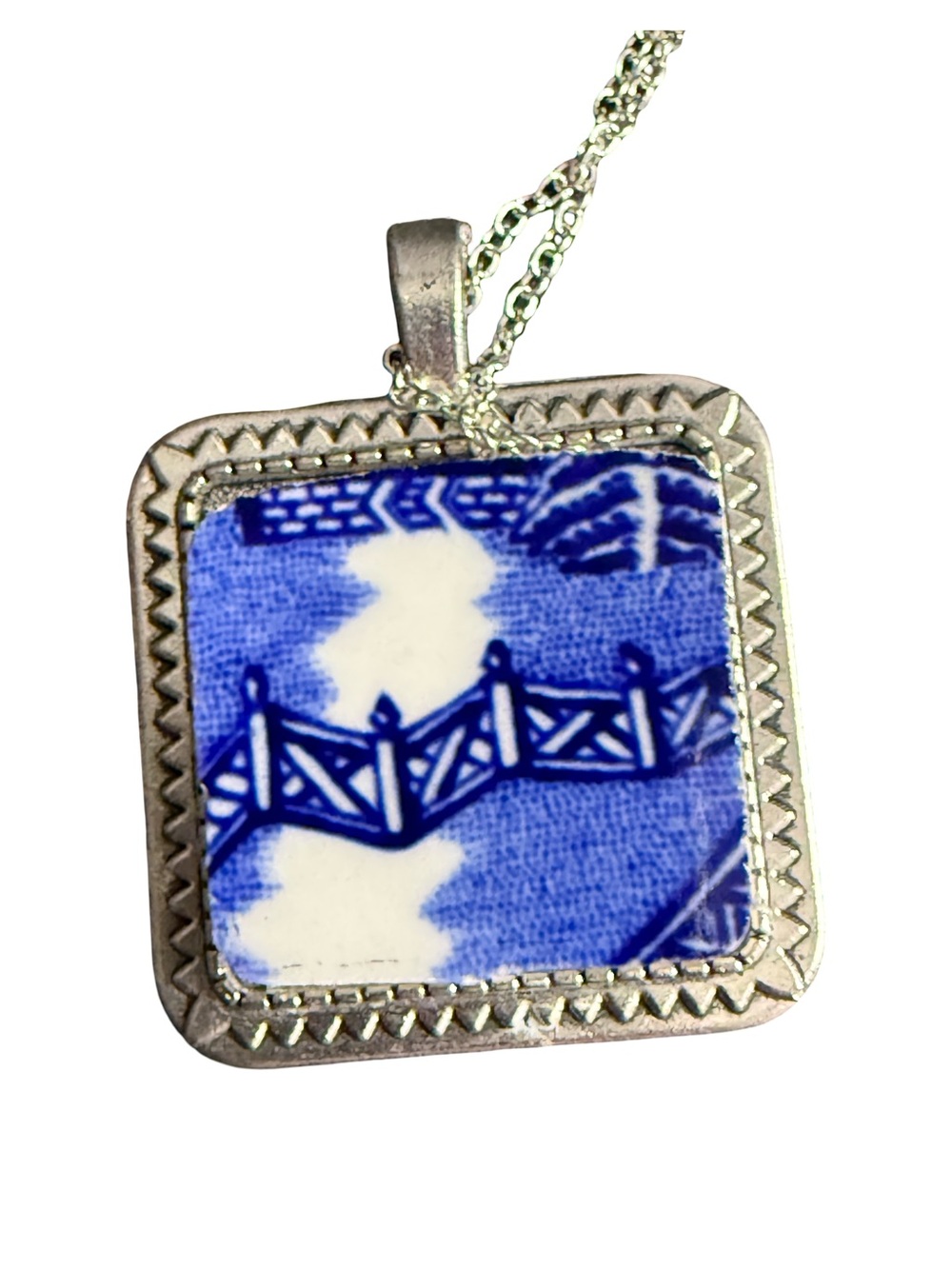 Blue Willow Broken China Ceramic Pendant Necklace-18” length with 1” Pendant